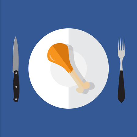 vector illustration of chicken leg on plate isolated on bright background .Flat design coloredのイラスト素材