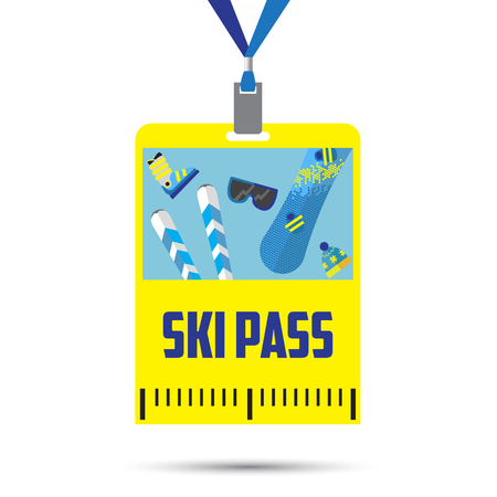 ski pass template with barcode.blue ribbon .equipment for winter holidays.flat designのイラスト素材