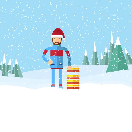 man in a santa hat holding a sled.のイラスト素材