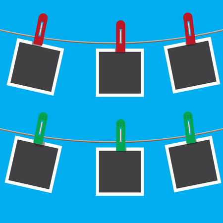 Blank photo frames on a clothesline. Vector illustration.のイラスト素材