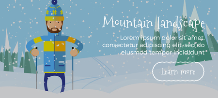 Ski web banner. Person skiing flat style. Winter sport activity.のイラスト素材