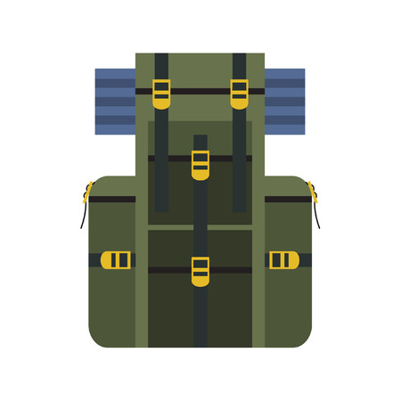 Vector illustration of green travel backpack with hiking mat. Hiking backpack. Exploring backpack isolated on white backgroundのイラスト素材
