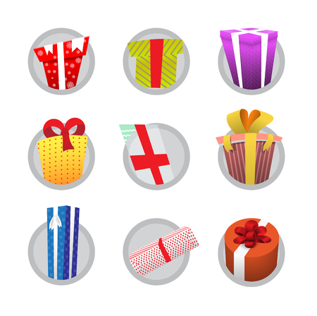 Set of colorful gifts on grey circle.のイラスト素材