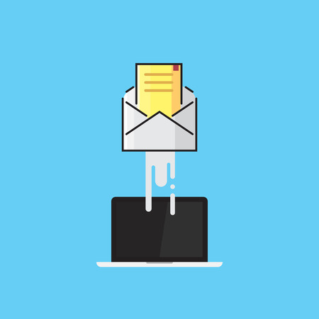 Envelope flies out of the laptop. E-mail, email marketing, internet advertising concepts. Flat design vector illustrationのイラスト素材