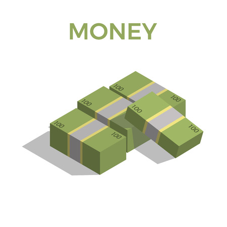 Big stacked pile of cash. Hundreds of dollars. Flat style isometric illustrationのイラスト素材