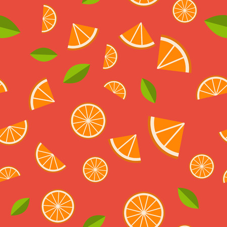 Orange, lemon on red background. Seamless pattern. Vector illustration.のイラスト素材