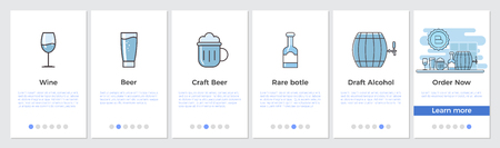 Online Alcohol shop onboarding mobile app page screen with linear concepts. Digital catalog or Landing concepts. UX, UI, GUI vector template with illustrations on gray backgroundのイラスト素材