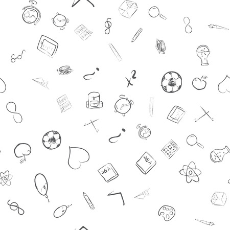 Seamless pattern with cute hand drawn educational tools including pencil, globe and others. Vector hand drawn back to school collectionのイラスト素材