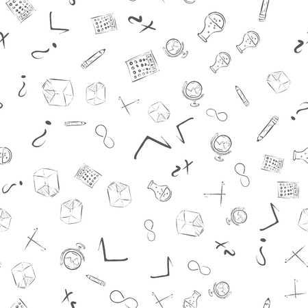 Seamless pattern with cute hand drawn educational tools including pencil, globe and others. Vector hand drawn back to school collectionのイラスト素材