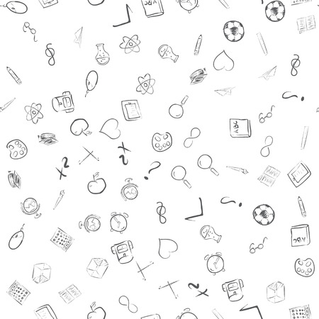 Seamless pattern with cute hand drawn educational tools including pencil, globe and others. Vector hand drawn back to school collectionのイラスト素材