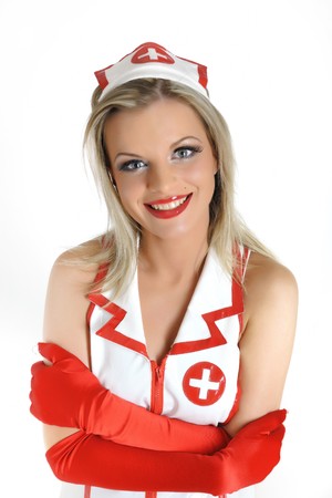 Young beautoiful sexy doctor in white uniform. isolated on white backgroundの写真素材