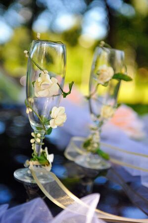 two beautiful wedding glasses for bride and groom の写真素材