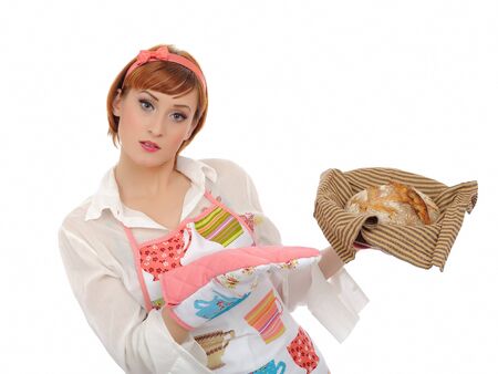 Beautiful cooking woman in apron and homemade italian chiabatta bread. isolated on white backgroundの写真素材