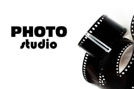 black photo film and text photo studio. isolated on white backgroundの写真素材