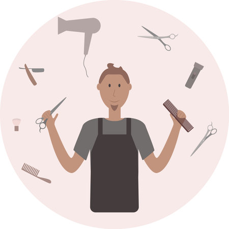 Man hairdresser, barber with a set of hairdressing toolsのイラスト素材