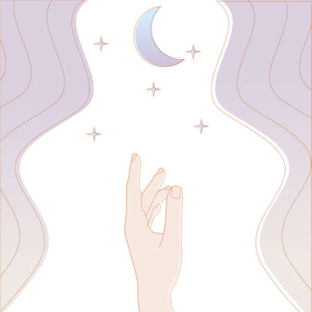Hand reaches for the stars and crescent moon with a gradient on the background and linesのイラスト素材