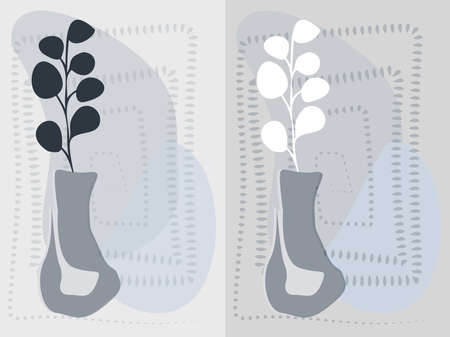 Abstract gray vases with a eucalyptus branch on a background with a geometric pattern and colored spotsのイラスト素材