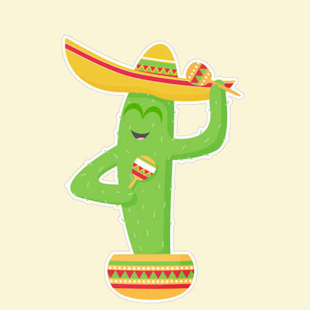 Cactus in a sombrero with maracas in a pot. Picture with a white outline on a yellow backgroundのイラスト素材