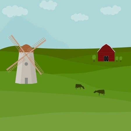 Farm landscape with barn, cows and windmill. Rural area meadowのイラスト素材