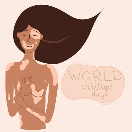 A girl with vitiligo hugs her body. Spot with hand-written inscription World vitiligo dayのイラスト素材