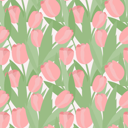 Seamless pattern of abstract tulips. Vector pink tulip buds with green leavesのイラスト素材