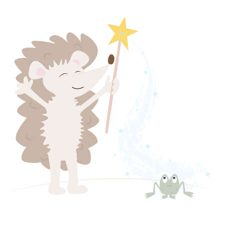 Children's print. A hedgehog with a magic wand. Magic Pollen transforms a frogのイラスト素材