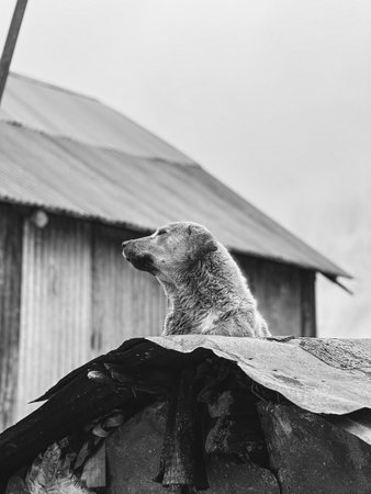 Black and white photo of a dog sitting on the roof of the house