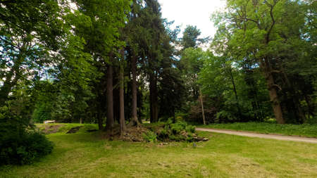 Landscape park by stream and roadのeditorial素材