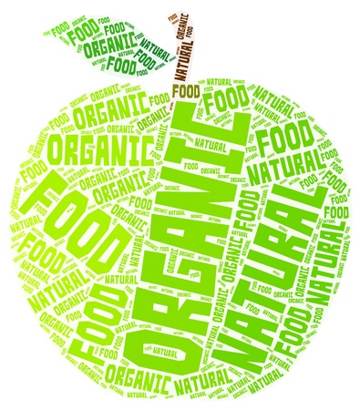 Organic and natural green apple word cloud isolated on a white backgroundのイラスト素材