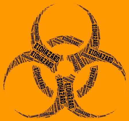 Biohazard symbol word cloud. Black word cloud over orange background. Word cloud is in the shape of biohazard symbol.のイラスト素材