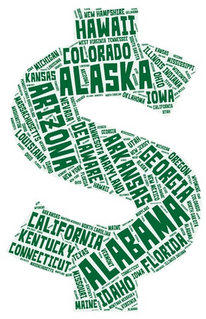 US Dollar symbol. Green word cloud made of names of all American states.のイラスト素材