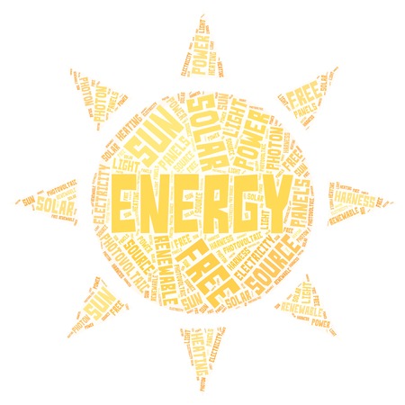 Solar energy. Word cloud in the shape of the Sun.のイラスト素材