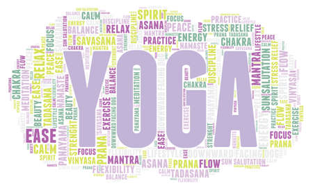 Yoga word cloud. Word yoga and words associated with yoga in a colorful word cloud with white background isolated.のイラスト素材
