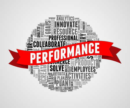 Performance ribbon over circular word cloud on a grey gradient backgroundの写真素材