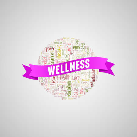 Wellness word cloud with ribbon over grey gradient background.の写真素材