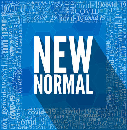 New Normal typography illustration with a word cloud. Text with long shadows over blue background.の写真素材