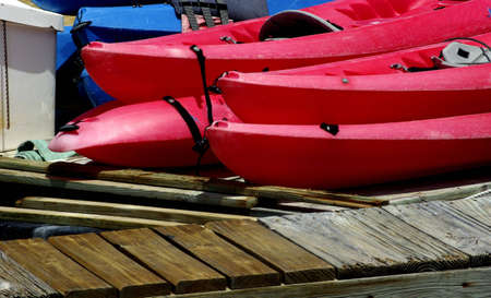 Florida Keys red kayaks at dockの写真素材
