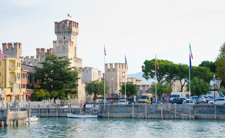 SIRMIONE, ITALY. 26th October 2017. The Scaliger Castle at Sirmione is just one of the many attractions that draws tourists to this pretty little lakeside town.のeditorial素材