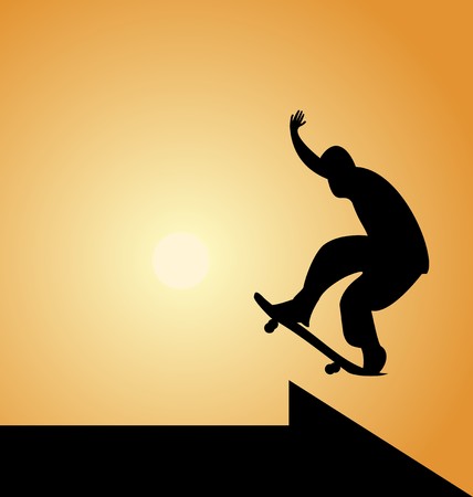 Illustration of black silhouette skateboard man and arrow on sunset backgroundのイラスト素材