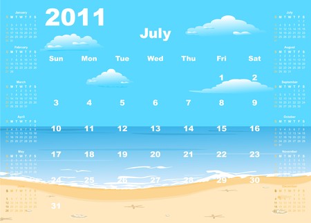 American calendar 2011 with tropic beach, starting from Sundays.  のイラスト素材