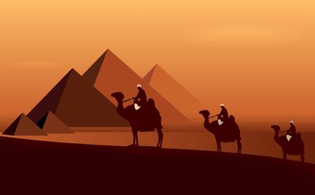 Caravan camels among desert and pyramids. のイラスト素材