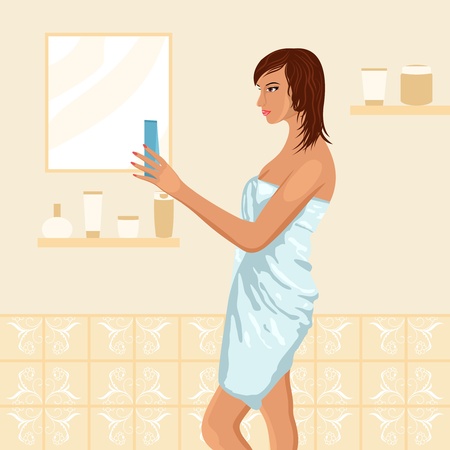 Illustration of pretty women in bathroom - vectorのイラスト素材