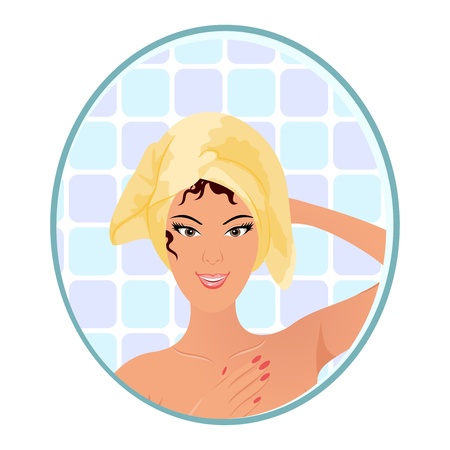 Illustration beautiful woman in mirror in bathroom - vectorのイラスト素材