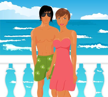 Illustration young couple on quay at the sea - vectorのイラスト素材