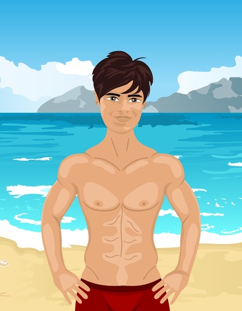 Illustration brawny man on beachの写真素材