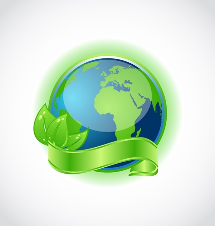 Illustration of green earth with leaves wrapped ribbon isolated - vectorのイラスト素材