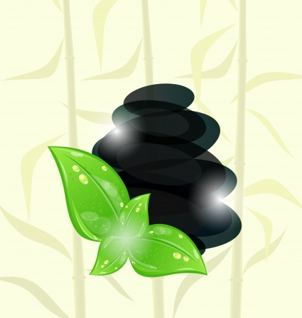 Illustration meditative bamboo background with cairn stones and eco green leavesのイラスト素材