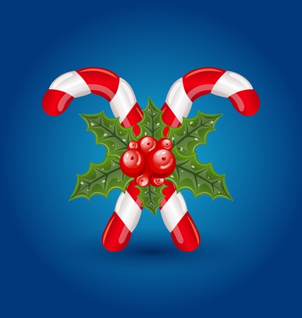 Illustration Christmas sweet canes with holly berry isolatedのイラスト素材