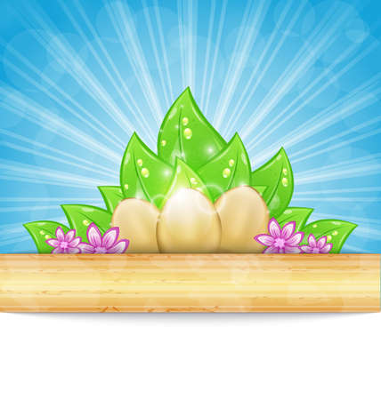 Illustration Easter background with eggs, leaves, flowers - vectorのイラスト素材