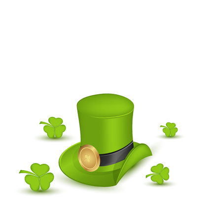 Illustration green hat with buckle with clovers in saint Patrick Day - isolated on white background - vectorのイラスト素材
